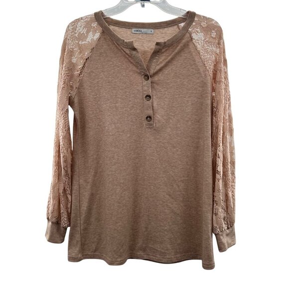 MIHOLL Top Women's Size Small Beige Long Lace Sleeve Pullover Buttons - Picture 1 of 9